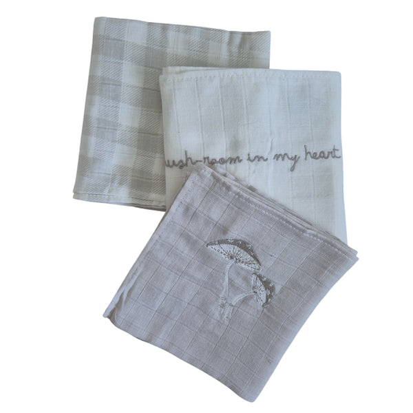 Set 3 tutos muselina algodón bordados beige honguito