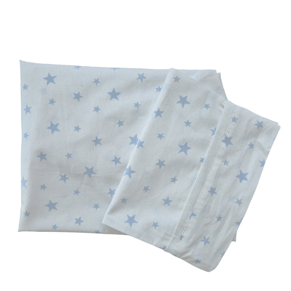 Sábana bajera elasticada y funda almohada colecho/moisés estrellas celeste