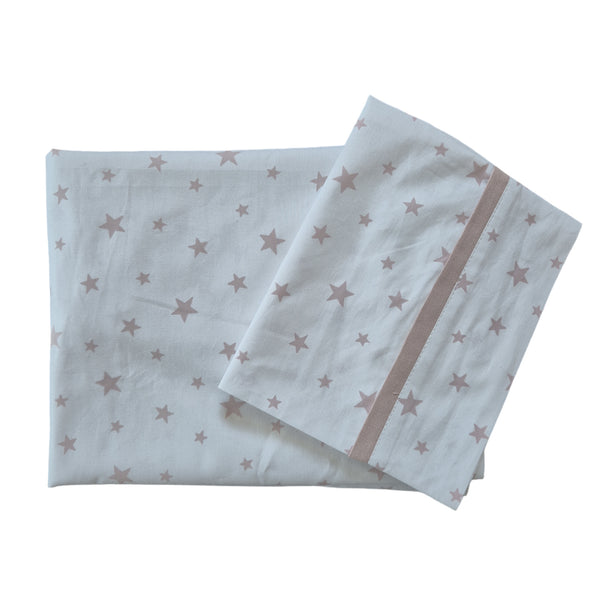 Sábana bajera elasticada y funda almohada colecho/moisés estrellas rosa